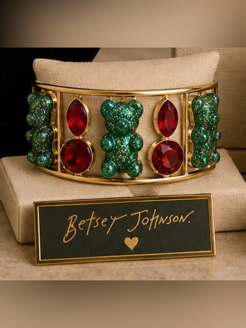 Betsey Johnson cuff bracelet with red Jewels and green bears
